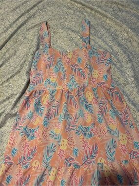 Simply Southern Peach Pineapple Print Sundress with Blue and Pink Leaves